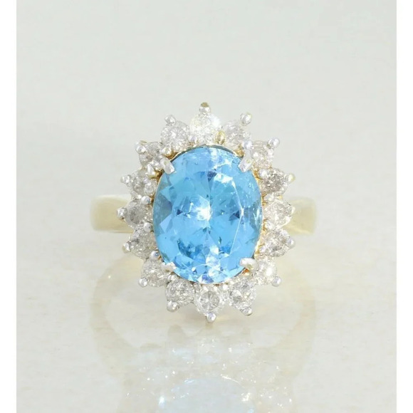10k Gold Blue Topaz and Diamond Ring Size 6 1/4 Cocktail Ring - Picture 1 of 13